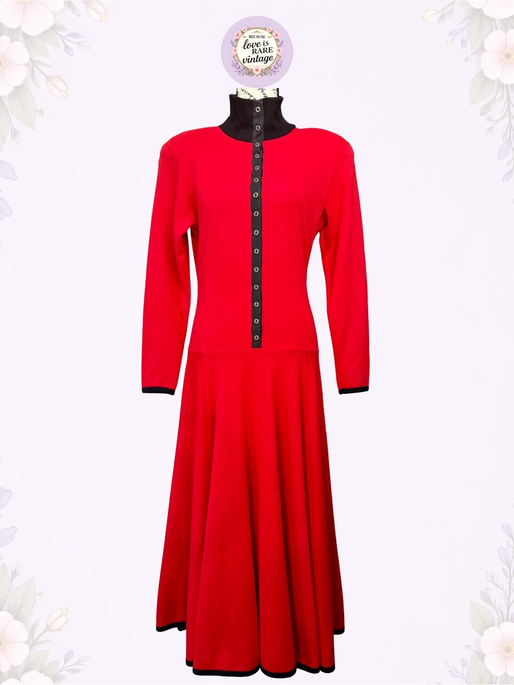 Betsey Johnson 1980s Punk Label Red Snap-Front Drop Waist Dress with Mock Neck